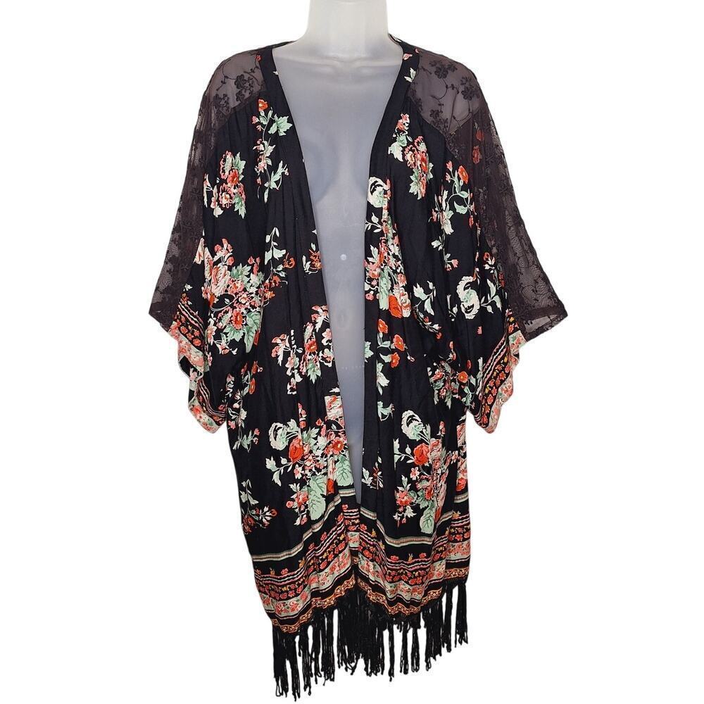 World Market Kimono Wrap Topper Fringe Dark Floral Lace Fairy Whimsygoth Boho OS